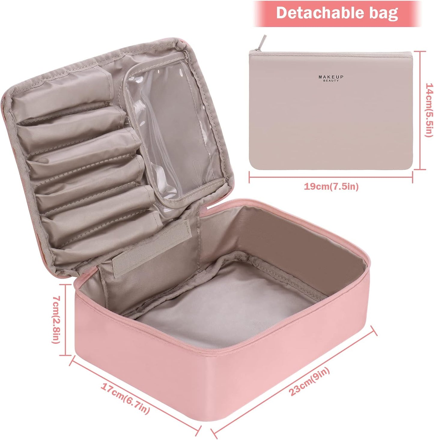 Travel Makeup Bag [with Brushes Holder &amp; Detachable Pouch] Cosmetic Bag Large Capacity Waterproof Makeup Case Storage Organiser for Women &amp; Girls (Pink)