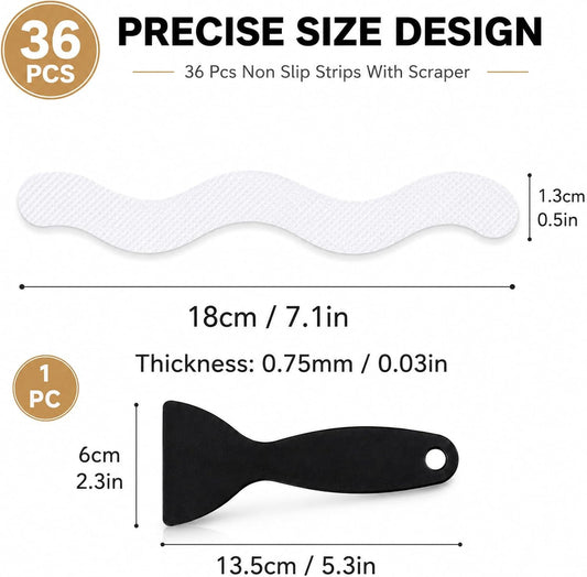 36PCS Non Slip Bath Stickers, S-Wave Anti Slip Shower Stickers for Safety, Transparent Self-Adhesive Bathtub Strips for Bathroom, Stairs, Wet Floors, Kitchen - Includes Scraper