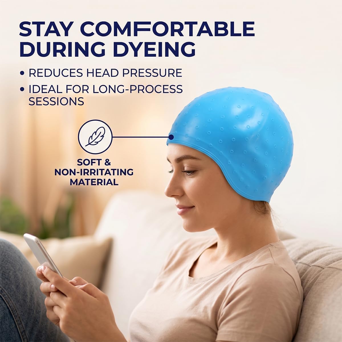Blue Silicone Highlighting Cap Anti-Bleeding Snug Fit Hair Dyeing Kit with Hook Tool Reusable Pre-Pierced Holes Hair Colouring Hat for Accurate DIY Home Salon Results Professional Grade