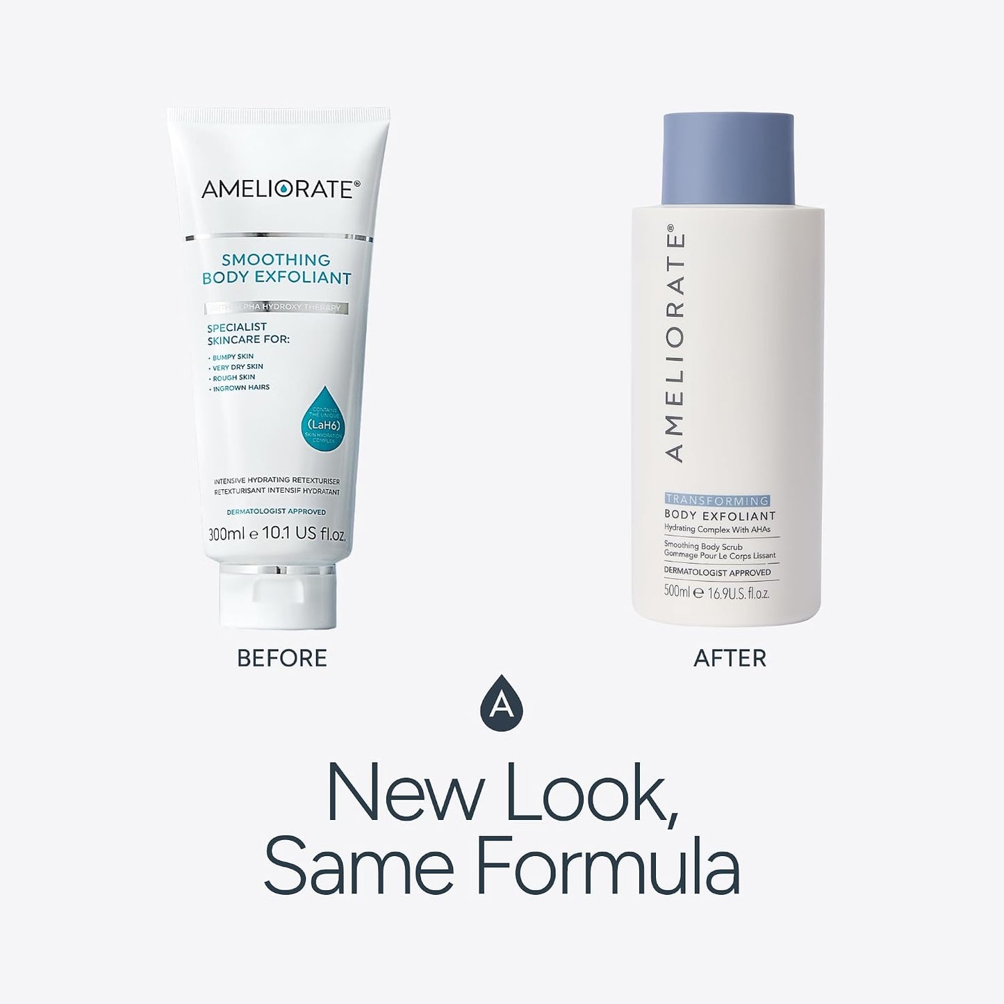 AMELIORATE Transforming Body Exfoliant 500ml for Keratosis Pilaris (KP), Bumpy &amp; Dry Skin | Dual-Action AHA &amp; Bamboo Scrub | Hydrating &amp; Smoothing | Dermatologist Approved
