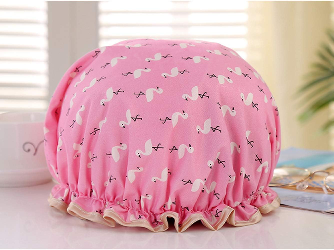 Shower Cap Elastic Band Double Layers Waterproof Shower Caps With Ruffled Edge Covering Ears Keeping Hair Dry Kitchen Oil-proof Cap for Girls and Women 2PCS