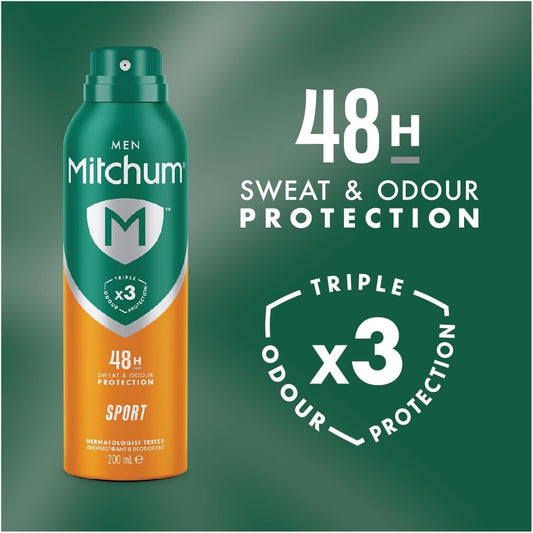 Mitchum Men Triple Odor Defense 48HR Protection Aerosol Deodorant &amp; Anti-Perspirant, Sport, 200 ml