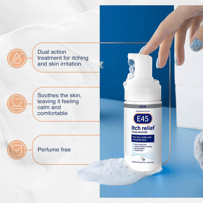 E45 Itch Relief Coolmousse 100ml – Face and Body Foam for Dry Skin, Itchy Skin and Irritated Skin - Cooling Foam to Soothe Itchy Skin (Pack of 2)