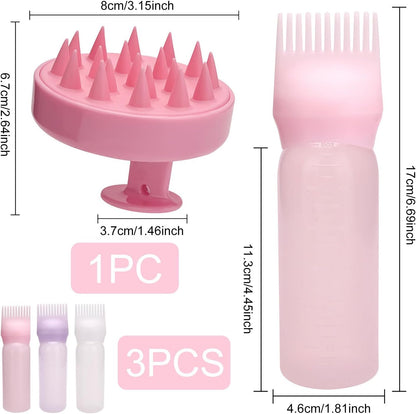 Hair Oil Applicator Set, 3 Pieces Hair Coloring Brush Bottle with Graduated Scale, 1 Scalp Massage Brush,for Hair Root Color