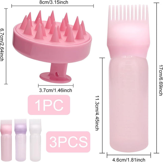 Hair Oil Applicator Set, 3 Pieces Hair Coloring Brush Bottle with Graduated Scale, 1 Scalp Massage Brush,for Hair Root Color
