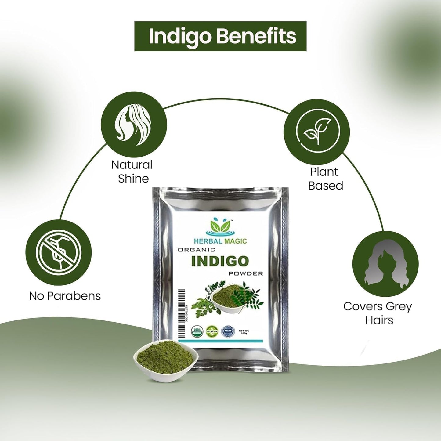 Herbal Magic's Organic Indigo Powder for Hair, USDA, Herbal Hair Dye, Natural Hair Mask/Color - Free from Fillers &amp; Preservatives-100g