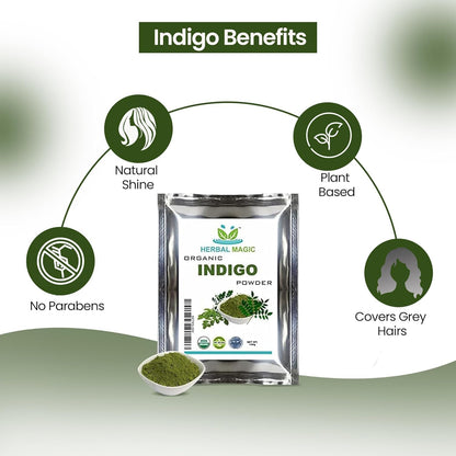 Herbal Magic's Organic Indigo Powder for Hair, USDA, Herbal Hair Dye, Natural Hair Mask/Color - Free from Fillers &amp; Preservatives-100g