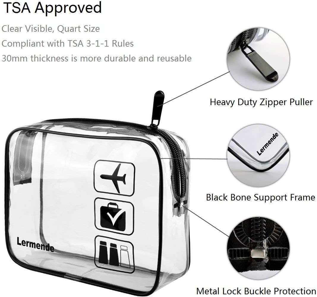 Lermende Clear Toiletry Bag TSA Approved Travel Carry On Airport Airline Compliant Bag Quart Sized 3-1-1 Kit Luggage Pouch.