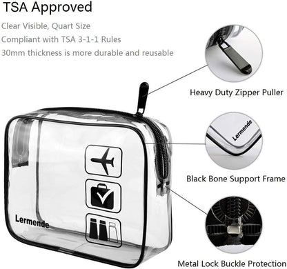 Lermende Clear Toiletry Bag TSA Approved Travel Carry On Airport Airline Compliant Bag Quart Sized 3-1-1 Kit Luggage Pouch.