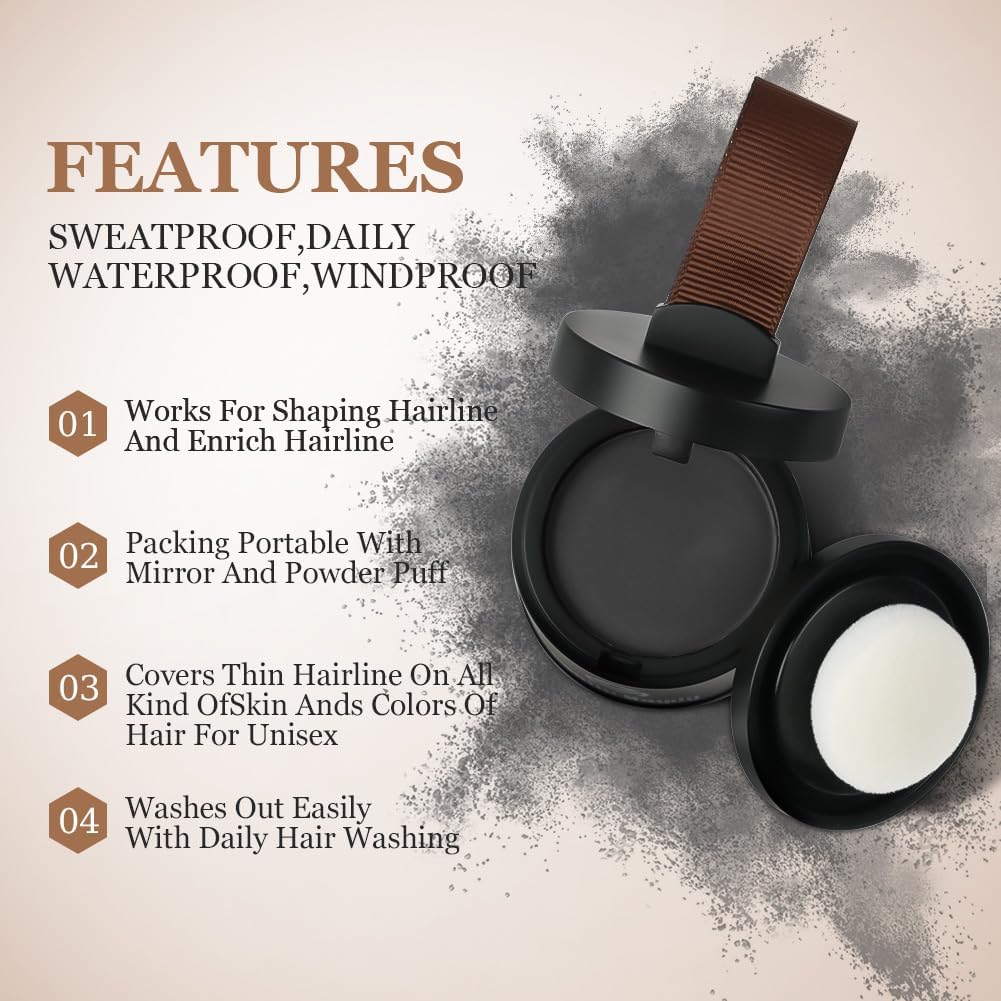 Instantly Hairline Powder - Hair Root Touch Up Concealer, Windproof &amp; Sweatproof With Mirror and Puff (Natural Black)