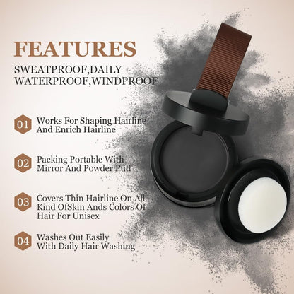 Instantly Hairline Powder - Hair Root Touch Up Concealer, Windproof &amp; Sweatproof With Mirror and Puff (Natural Black)