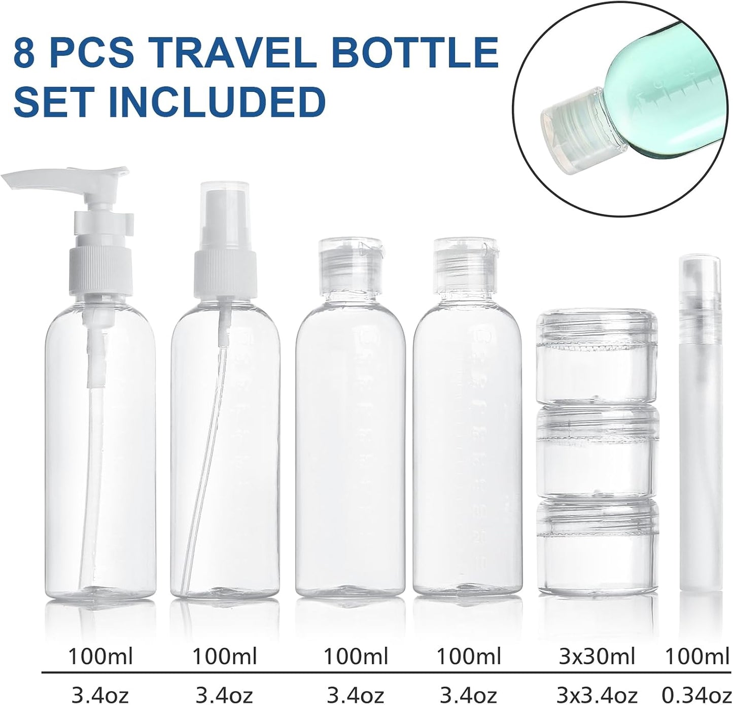 Toiletry Bag Women &amp; Men | Clear Toiletry Bag |Toiletry Bag Set with 8 Bottles(max.3.4oz/100ml) 1 Flight Security Liquid Bag| Approved by EU &amp; UK Luggage Rules