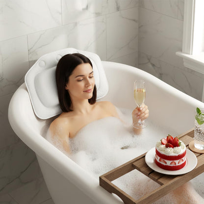 Soft PVC Waterproof Bath Pillow for Tub, Ergonomic Neck &amp; Back Support Cushion with 3 Suction Cups for Home Relaxation (White)