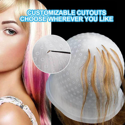 Punched Hole Silicone Highlight Hair Cap with Needle, Reusable Highlight Hat with Hook, Hairdressing Dyeing Staining Tools Kit, Prepunched Highlights Cap for Hair Salon