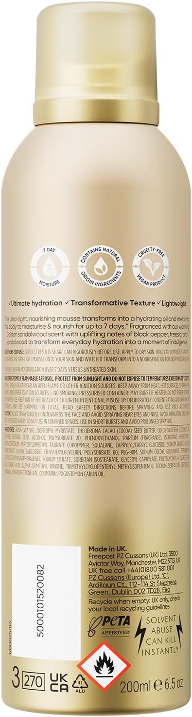 Sanctuary Spa Golden Sandalwood Mousse‑to‑Oil Body Moisturiser 200ml – Lightweight Foamed Mousse, 7‑Day Hydration, Coconut Oil &amp; Cocoa Butter, Vegan &amp; Cruelty Free