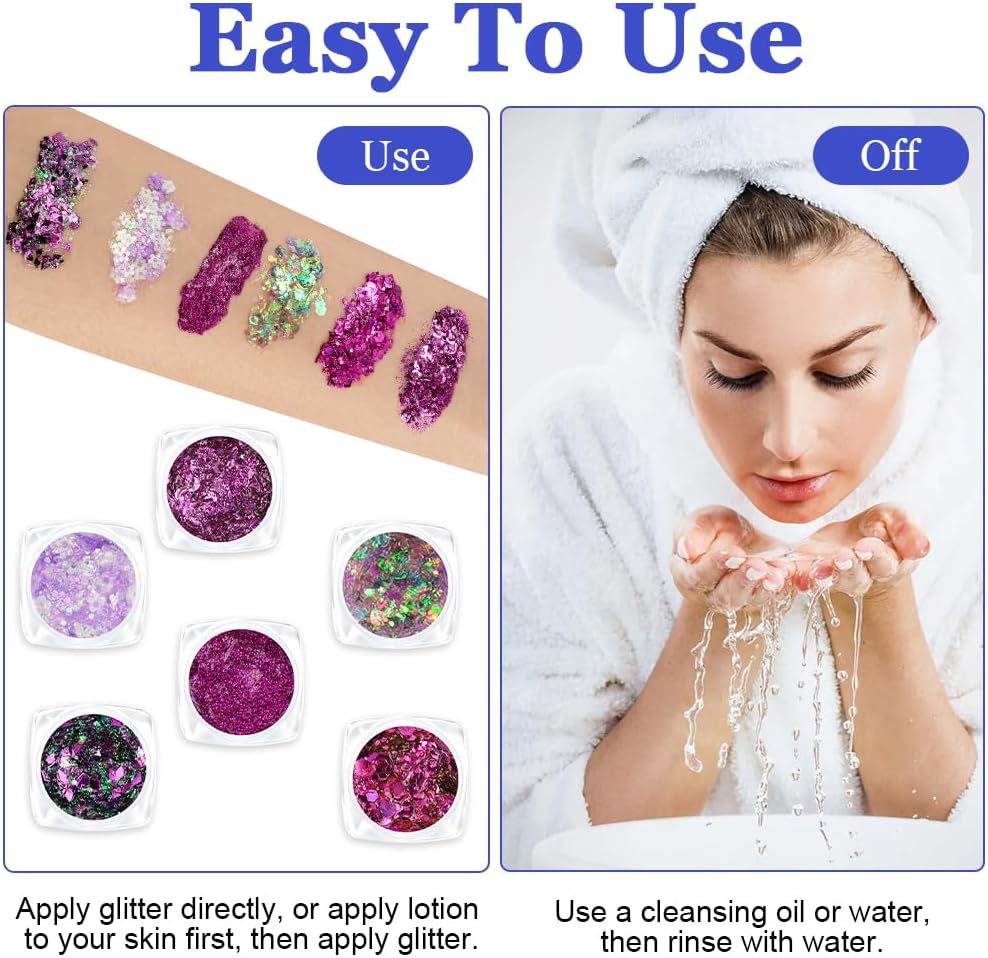 AOOWU Body and Face Glitter Makeup Gel, 6 Colors Cosmetic Reflective Chunky Glitter, Festival Hair Glitters, Body Gel Sequins Shimmer Liquid Eyeshadow, Mermaid Sequins Holographic Glitters Gels
