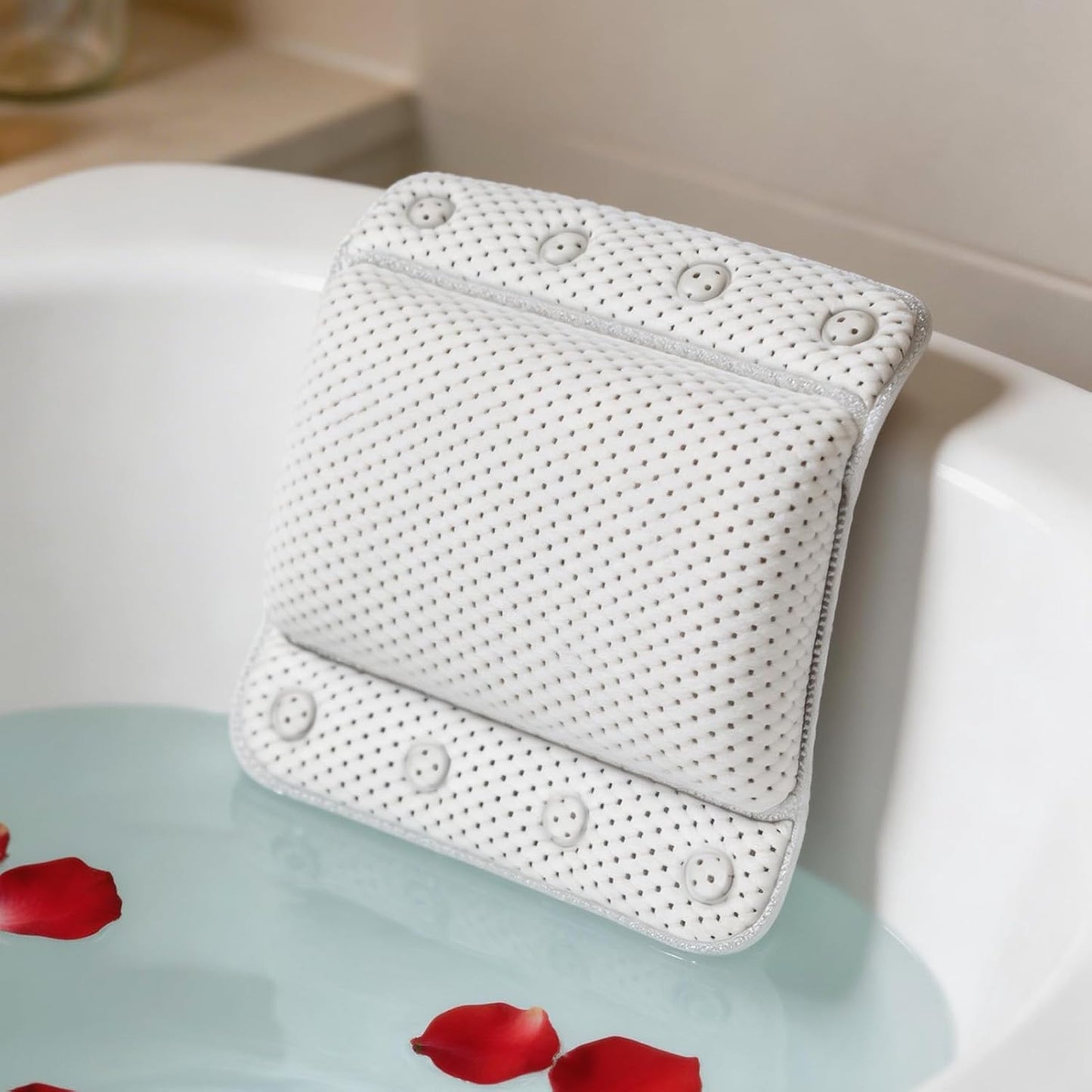 Bathtub Pillow Spa Bath Pillow Soft Cushioned Spa Headrest with 8 Non-Slip Suction Cups, Waterproof PVC &amp; Air Quilted Mesh, Support Neck &amp; Back for Relaxing Bath White