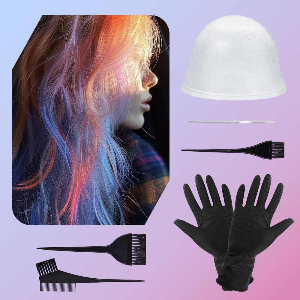 Hair Highlighting Kit,Pre-Drilled Silicone Highlighting Cap Set with Holes - Complete Hair Coloring Kit Including Hair Hooks 3 Coloring Brushes and 1 Glove for Easy Highlights at Home