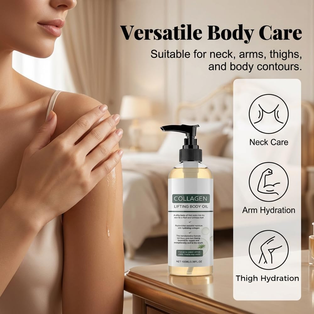 Collagen Lifting Body Oil, Collagen Oil For Skin Tightening, Collagen Hydrating Body Oil with Rosemary, Firming Body Oils for Neck Chest Arms Legs Stomach, Moisturizes &amp; Smoother Skin 100ml
