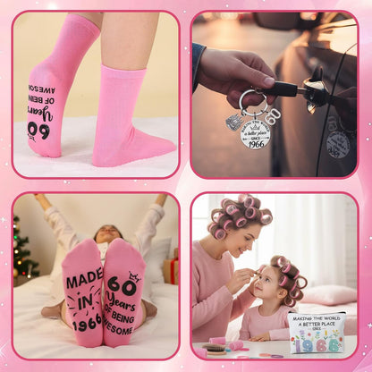 ViEinkaufen 60th Birthday Gifts for Women 1966 Makeup Bag Socks,Keyring | 60 Years Birthday Gift for Her Thank You Present for Mum Auntie Grandma Wife Friends Teacher
