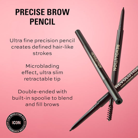 Revolution Precise Brow Pencil, Double-Ended Makeup Tool with Brush for Easy &amp; Ultra Defined Brows and Bold Looks, Dark Brown, 0.05g