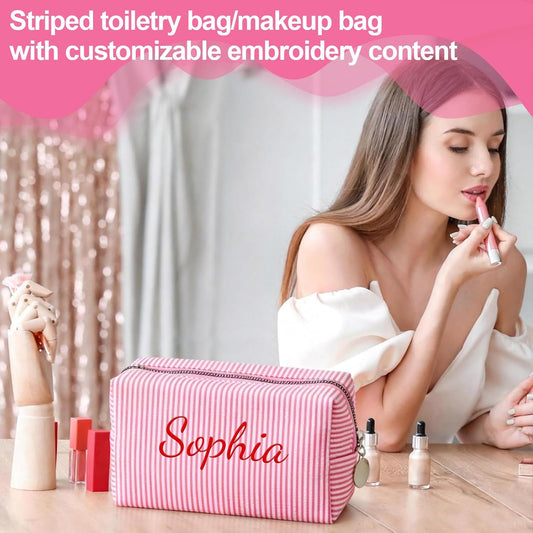 Personalised Stripe Makeup Bag, Custom Embroidered Name Cosmetic Bag, Portable Travel Toiletry Bag, Monogrammed Wash Bag, Gift for Women Bridesmaid Birthday Mother's Day (Pink)