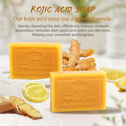 Kojic Acid Soap, with Turmeric &amp; Vitamins C, Dark Spot Remover for Face and Body, 100g x3 Moisturizing for Acne Blackheads Remover, Hyaluronic Acid for Deep Cleansing, with a Mesh Pouch