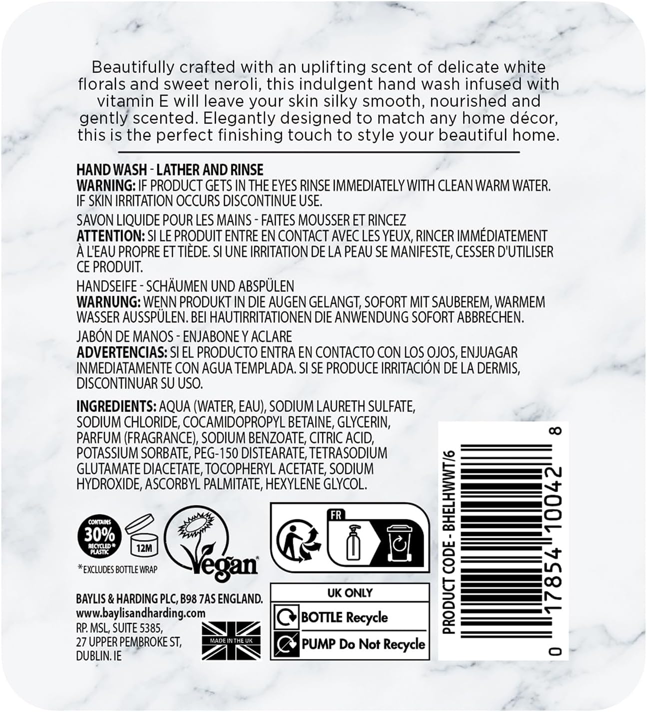 Baylis &amp; Harding Elements White Tea &amp; Neroli Hand Wash, 500 ml (Pack of 3) - Vegan Friendly