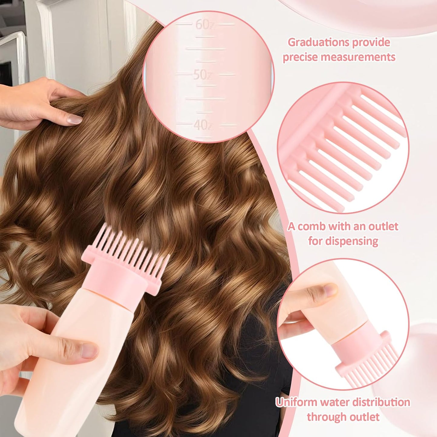 Hair Oil Applicator Bottle Set, 3 Pack Root Comb Applicator Bottles with Graduated Scale, 3 Hair Scalp Massager Shampoo Brush for Even Dyeing and Scalp Care