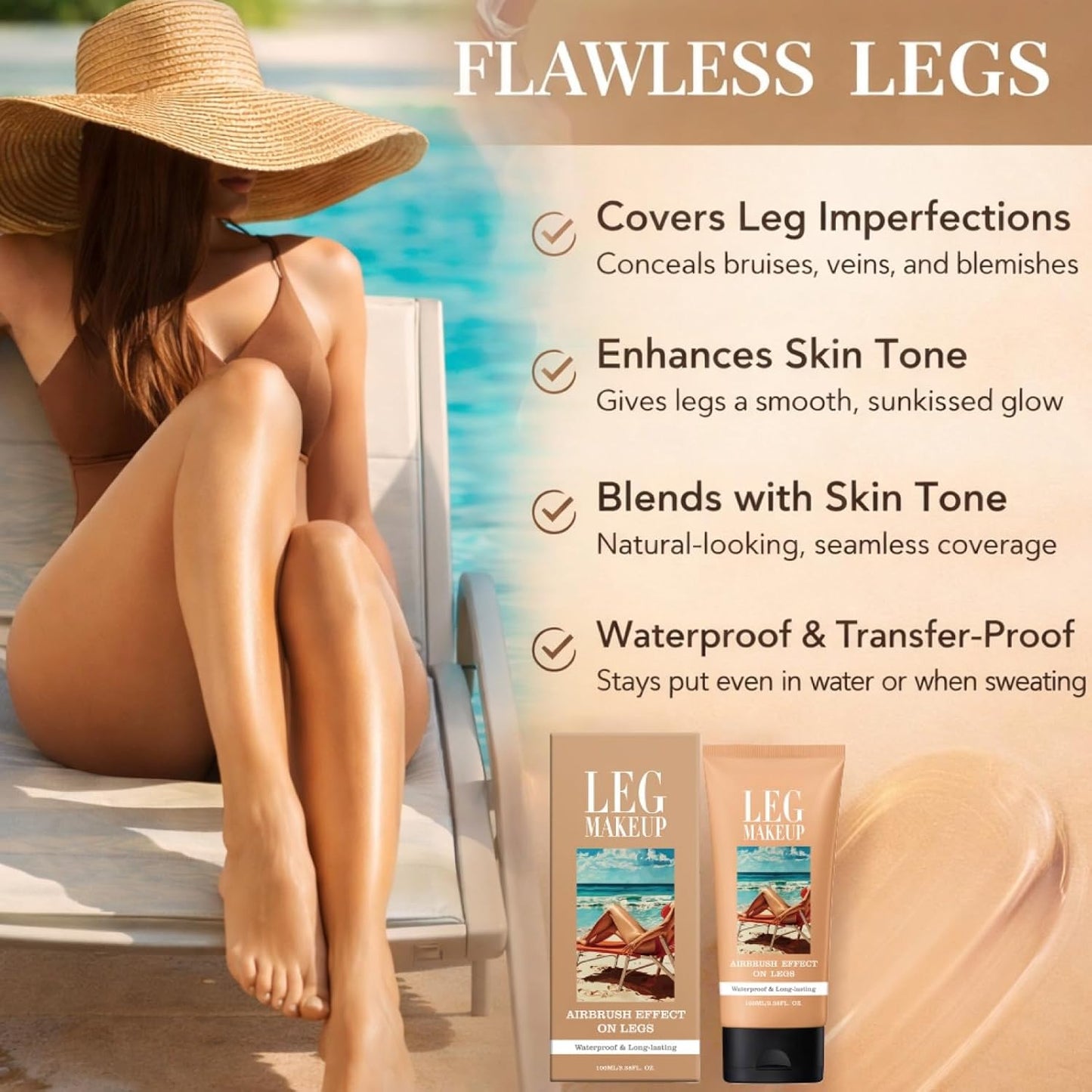 100ml Leg Makeup Waterproof No Transfer,Body Coverage Foundation Full Coverage Waterproof,Leg and Body Makeup to Cover Veins,Long Lasting Moisturizing Concealer,Naturally Blends Skin (#2Medium Tan)