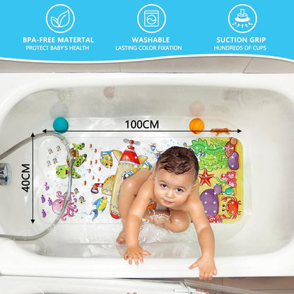 Capslpad Bathtub Mat Non Slip Anti Mould 40x100 cm Cartoon Submarine Bath Mats Extra Large Soft Bath Seat Mat with Suction Cups &amp; Drain Holes Machine Washable Sea Animals Bath Mat