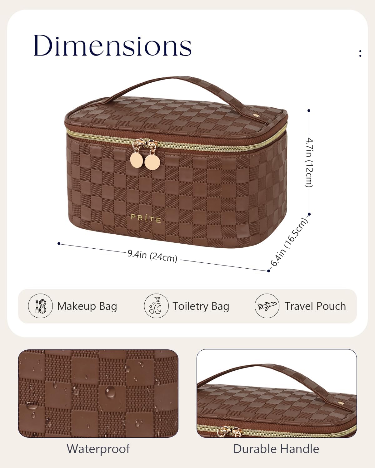 Prite Makeup Bag Toiletry Case for Women with Brush Holder, Brown, Standard | Travel Essentials, Cosmetic Organiser, Multi-Compartments, Detachable Divider, Water-Resistant Faux Leather, Durable Handle