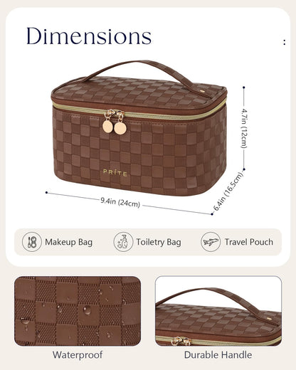 Prite Makeup Bag Toiletry Case for Women with Brush Holder, Brown, Standard | Travel Essentials, Cosmetic Organiser, Multi-Compartments, Detachable Divider, Water-Resistant Faux Leather, Durable Handle