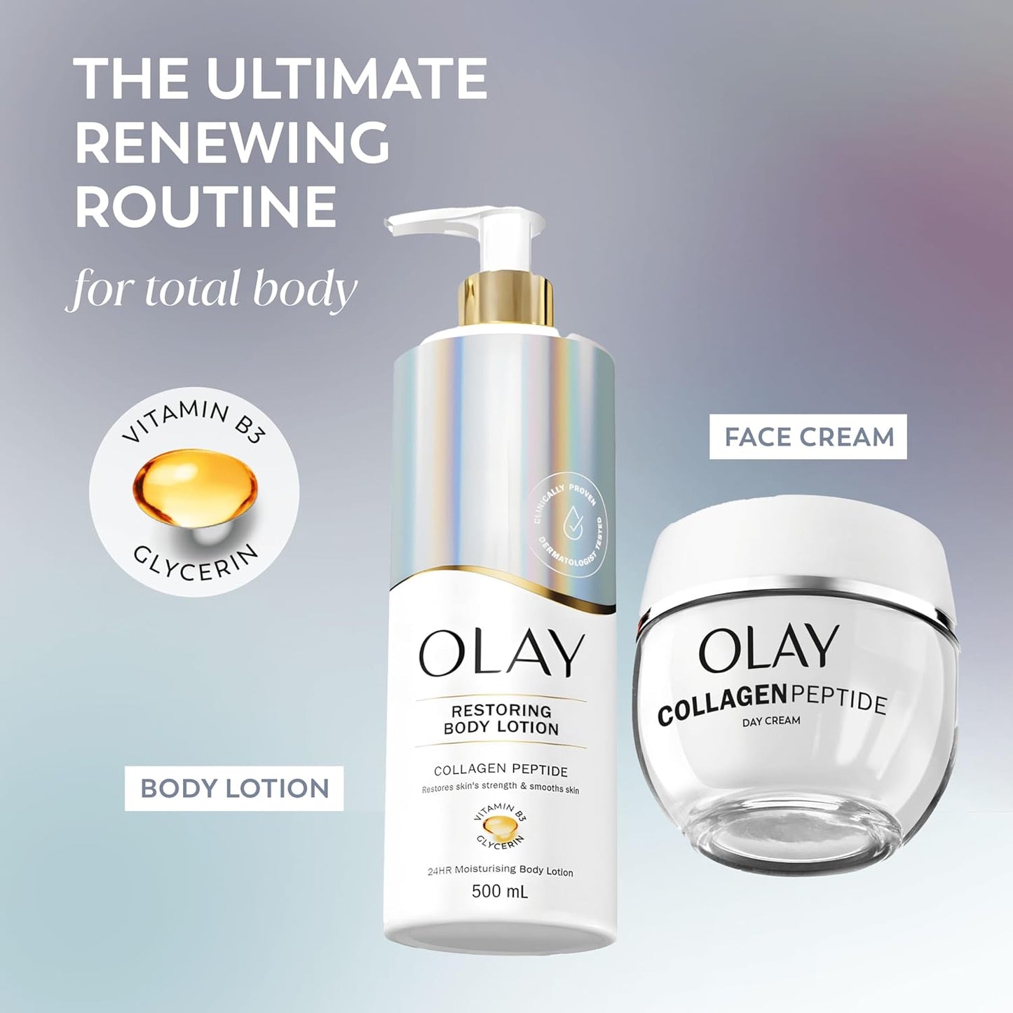 Olay Collagen Peptide Restoring Body Lotion, 24HR Moisturising Cream Body Skin Care, Improves Elasticity, Collagen Peptide Vitamin B3 and Glycerin, Visibly Moisturised Skin, No Greasy Residue, 500ml