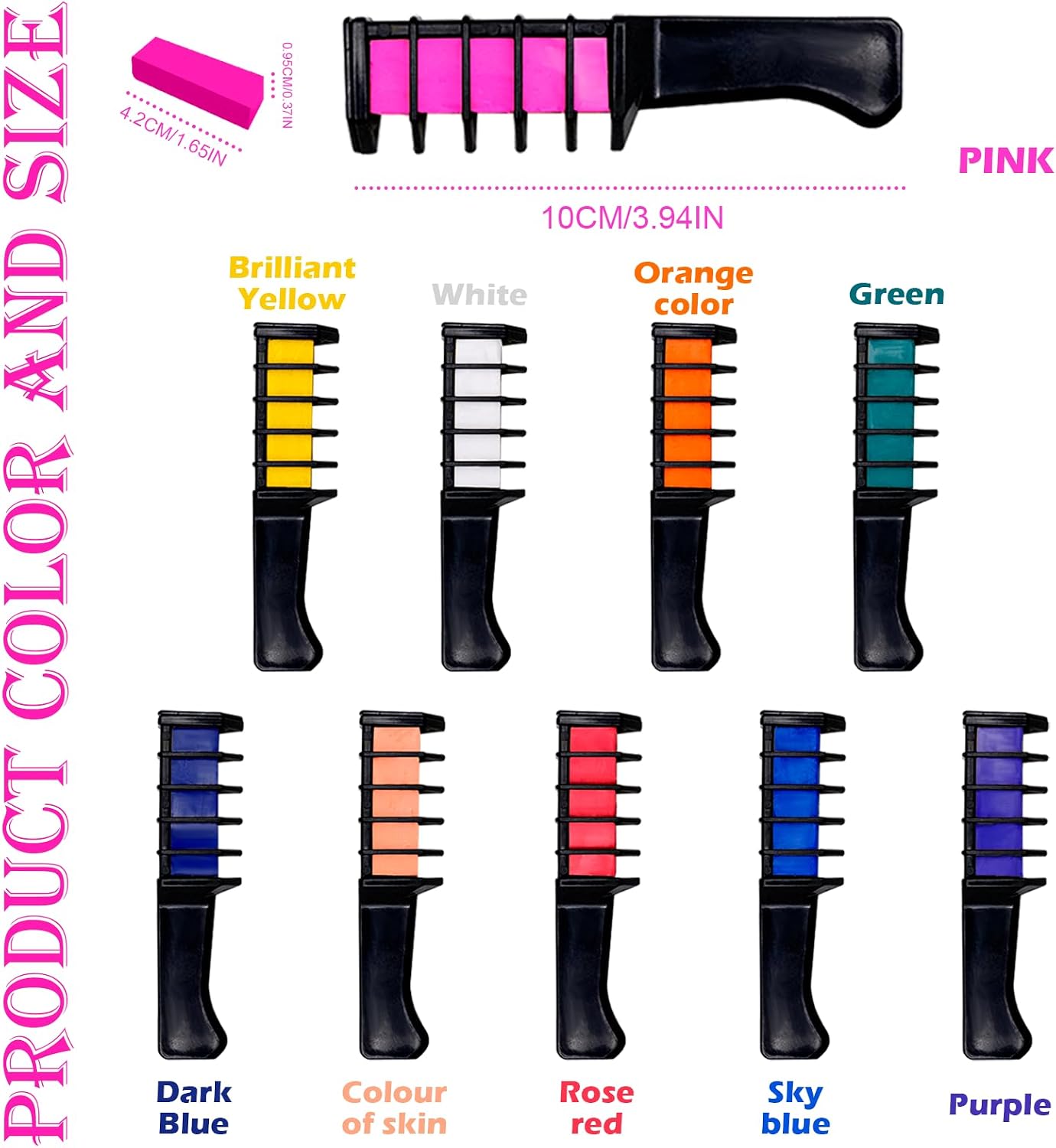10 Pcs Washable Hair Chalk Combs, Temporary Color Dye Brushes for Kids Girls Boys, DIY Comb Set for Cosplay Birthday Halloween Party Styling