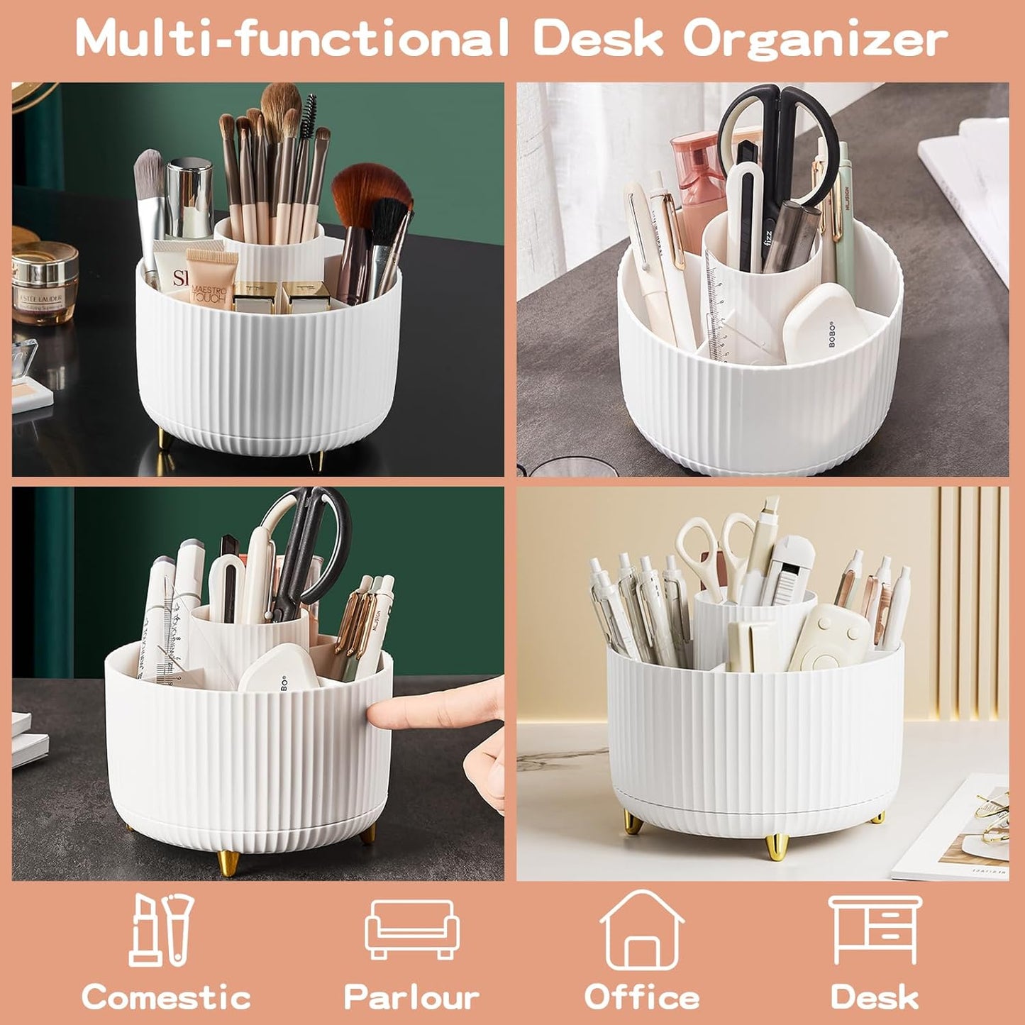 fanado 360° Rotating Makeup Organiser, Makeup Brush Holder, 5 Compartment Makeup and Skincare Storage for Vanity, Desktop, Bathroom (White)