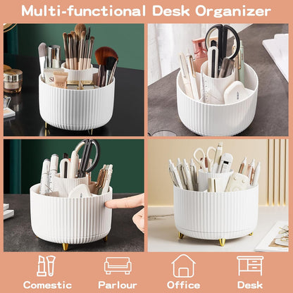 fanado 360° Rotating Makeup Organiser, Makeup Brush Holder, 5 Compartment Makeup and Skincare Storage for Vanity, Desktop, Bathroom (White)
