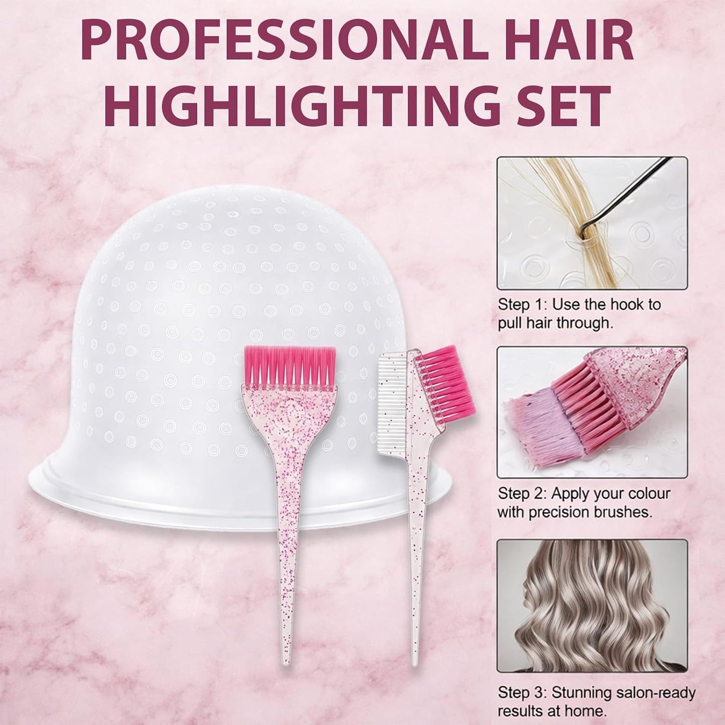 Hair Highlighting Kit with Highlighting Caps and Tools, 4PCS Professional Hair Streaking and Set for DIY Color, Salon Style Hair Highlights, Temporary or Semi Permanent Use