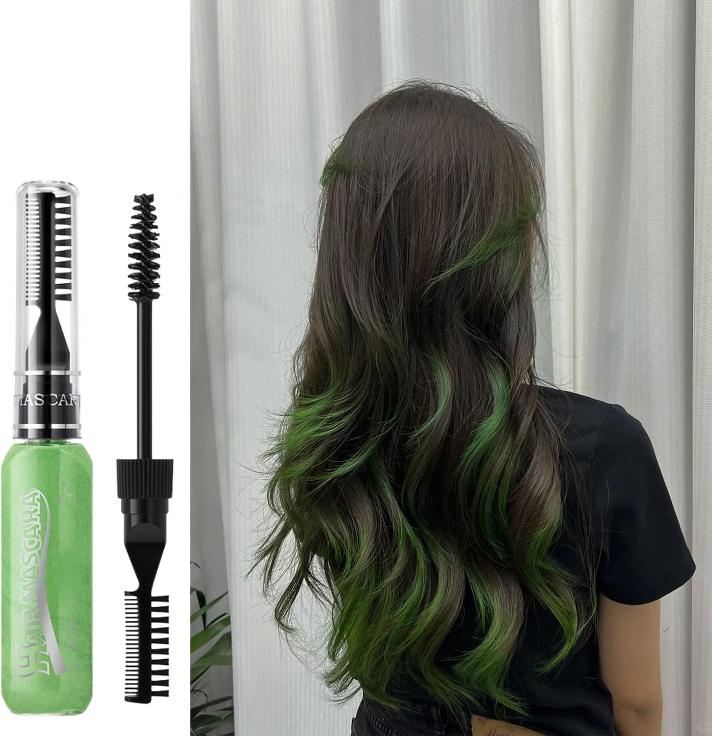 Green Hair Chalk Comb, Hot Color Eyelashes Mascara Wash Out, Coloured Hair Spray, Temporary Hair Dye for Men Washable, Christmas Party Cosplay Gifts for Women（15ml）