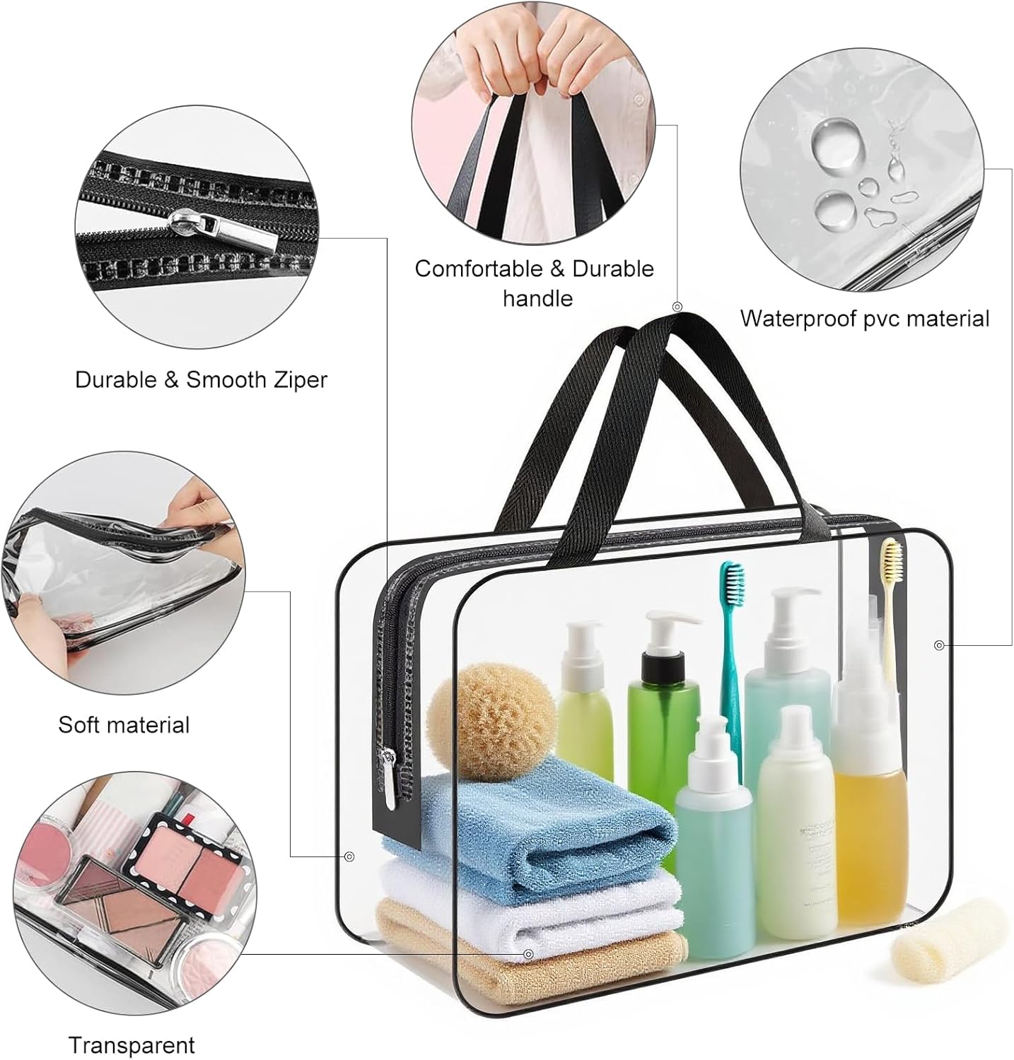 Clear Wash Bag for Toiletries, Funnasting 3 in 1 Waterproof Clear PVC Travel Makeup Bag Business Bathroom for Men, Women and Kids