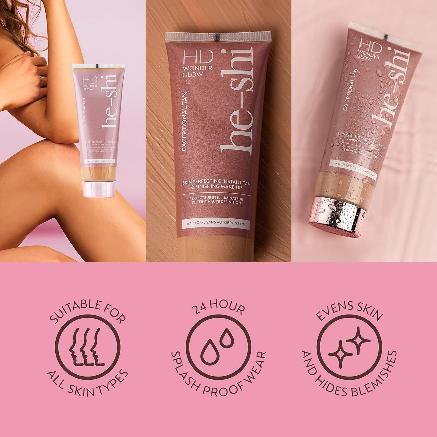 He-Shi HD Wonderglow Body Bronzer &amp; Ultra Smooth Tanning Mitt Bundle | Instant Skin Perfecting Glow, 24hr Splashproof Wear, Streak-Free Application | Vegan &amp; Cruelty Free