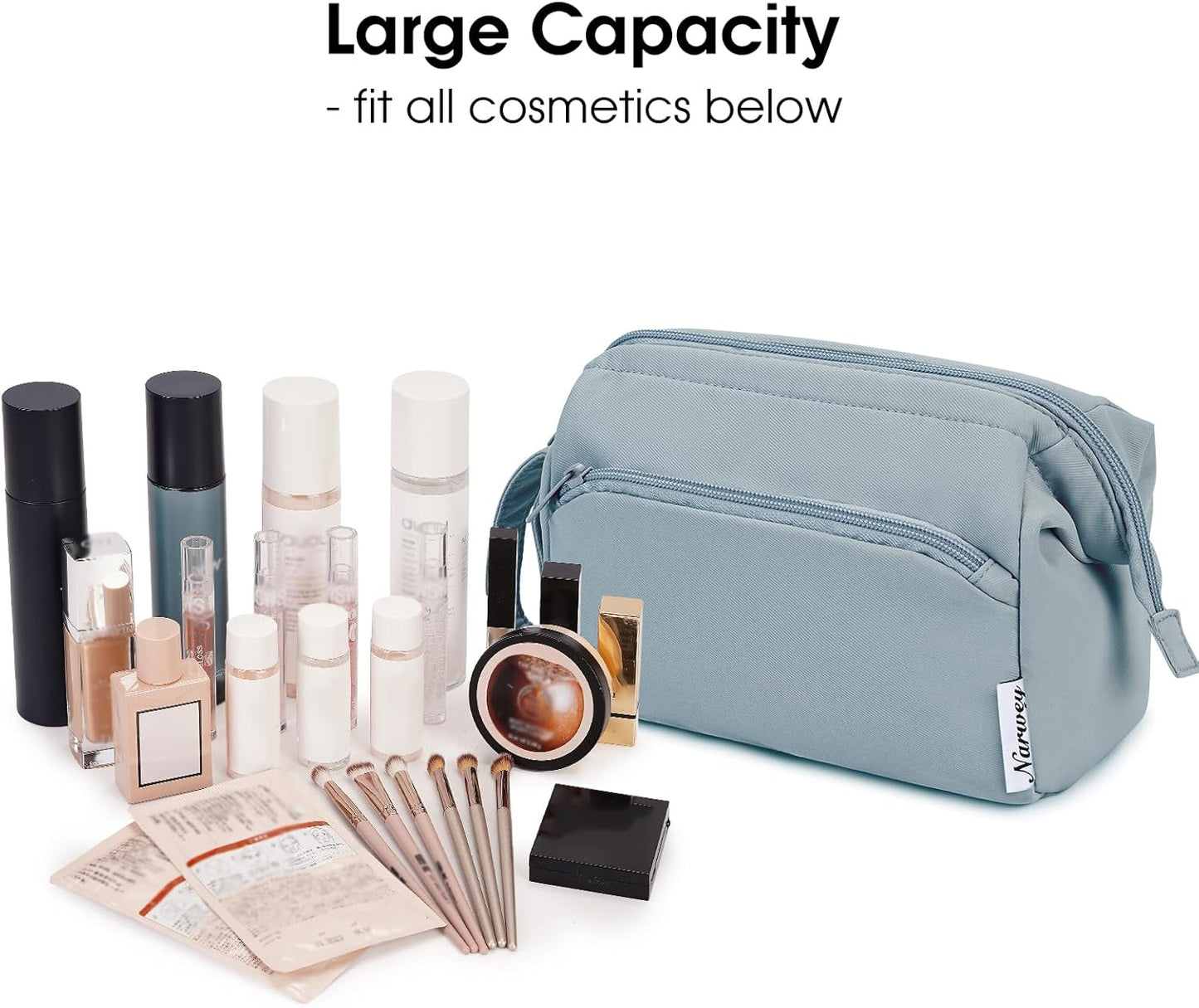 Narwey Large Makeup Bag Wide-open Zipper Pouch Travel Wash Bag Toiletry Bag Cosmetic Organizer for Women (Greyish Blue)