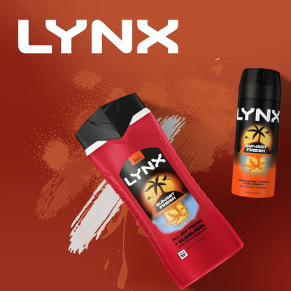 Lynx Sunset Fresh 3-in-1 Body Wash Men's Hair, Face and Body Cleanser with a mango &amp; mandarin scent for all-day freshness 6x 225 ml