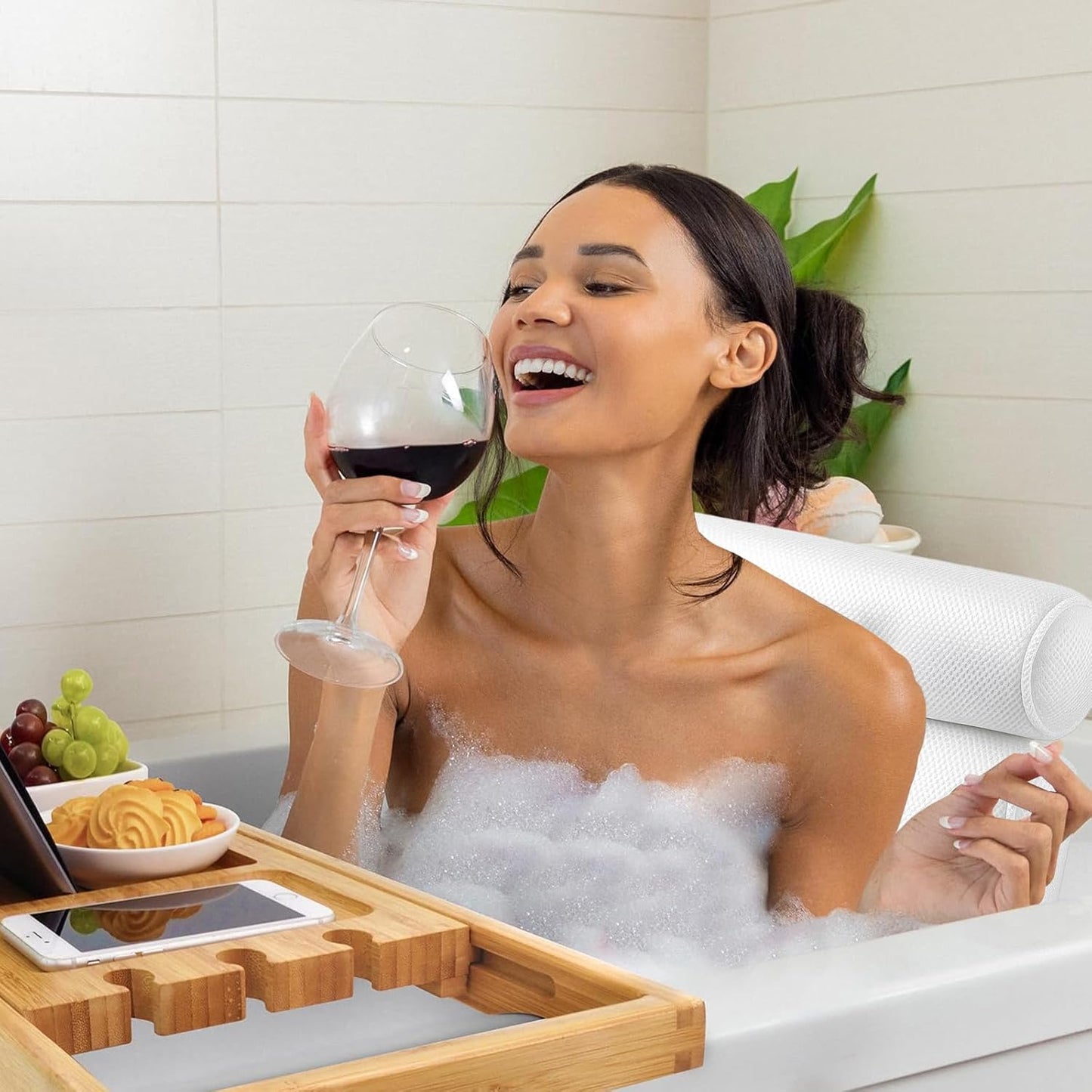Bath Pillows for Head and Neck, Waterproof Bath Cushion with 6 Suction Cups, Soft Bathtub Pillow for Relaxing Bath, Fits Most Bathtubs (White, 35x33x5cm)