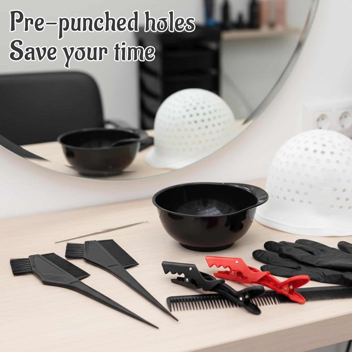 Professional 9 Pcs Highlighting Kit with Durable Highlighting Cap, Hair Dye Brush, Hook Hair Dye Comb, Gloves and Hair Tools Accessories for Effortless DIY &amp; Salon Hair Colouring ﻿ ﻿