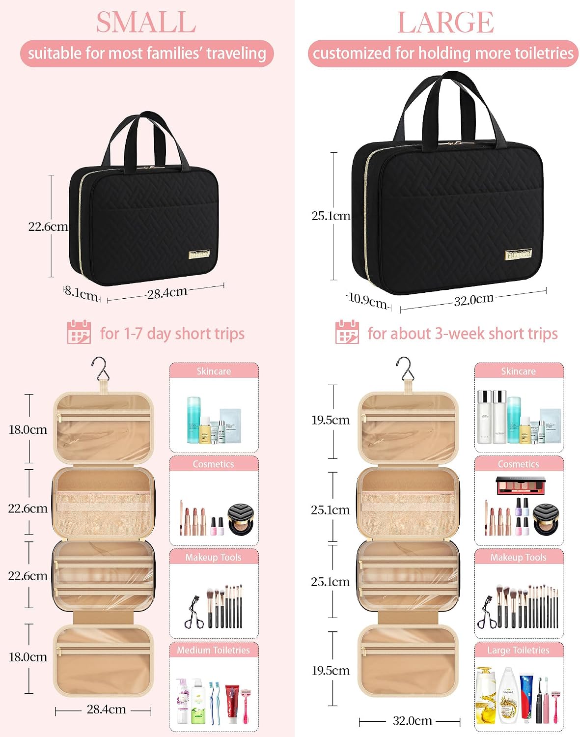 HOTOR Travel Toiletry Bag - Toiletry Bags for Women with Hanging Hook - Spacious Travel Bags for Women/Big Comparment, Makeup Bag Waterproof Travel Essentials, Black, 28.4 x 22.6 x 8.1 cm