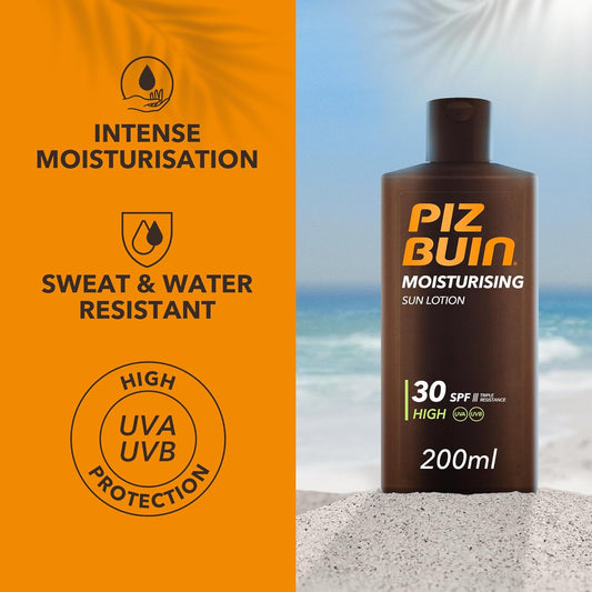 Piz Buin Moisturising Sun Lotion SPF 30 (200ml), Water-Resistant Piz Buin 30 Sunscreen with Advanced UVA/UVB Protection, Skincare with Glycerin and Feverfew PFE Plant Extract