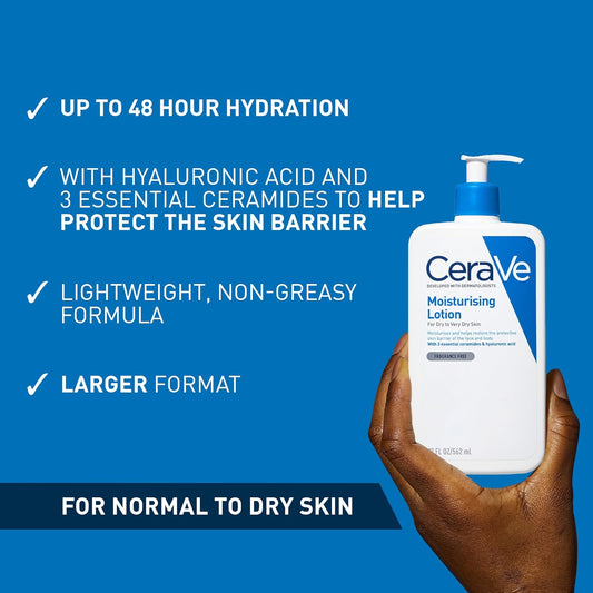 CeraVe Moisturising Lotion, for normal to very dry skin, Enriched with 3 Essential Ceramides, Hyaluronic Acid and MVe technology, CeraVe face moisturiser, Daily Hydrating Moisturiser, 473ml