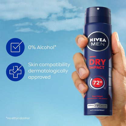 NIVEA MEN Dry Impact 72H Anti-Perspirant Deodorant Spray (250ml, Pack of 6), Men's Sweat Block with 72H Odour Protection, Daily Use Anti-Perspirant