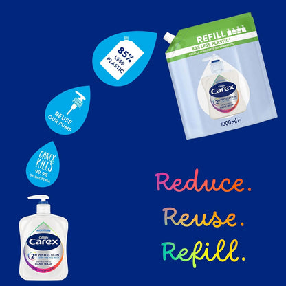 Carex 2 Hour Protection Antibacterial Moisture Hand Wash Refills, Liquid Hand Soap Eco Refill for Homes &amp; Businesses, Caring Hand Wash, Bulk Buy, Pack of 3 x 1 litre